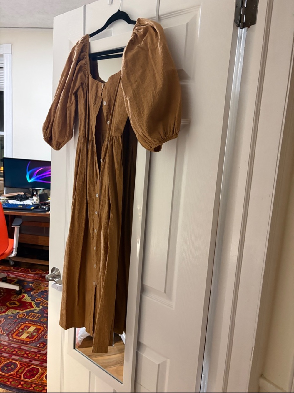 Topshop Brown Puff-Sleeve Button-Front Maxi Dress